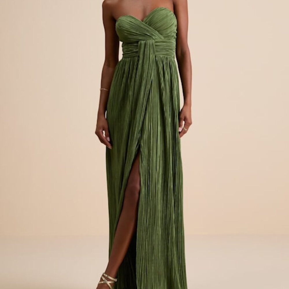 Lulus Oswin Olive Green Satin Plisse Strapless Maxi Dress - Size S